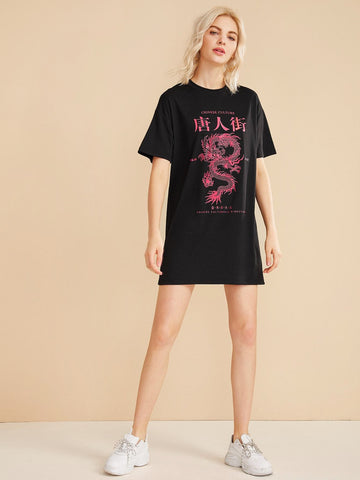 Dragon And Letter Graphic Tee Dress