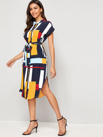 Colourful Geo Print Self Tie Curved Hem Dress