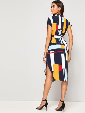 Colourful Geo Print Self Tie Curved Hem Dress
