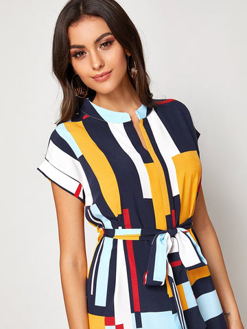 Colourful Geo Print Self Tie Curved Hem Dress