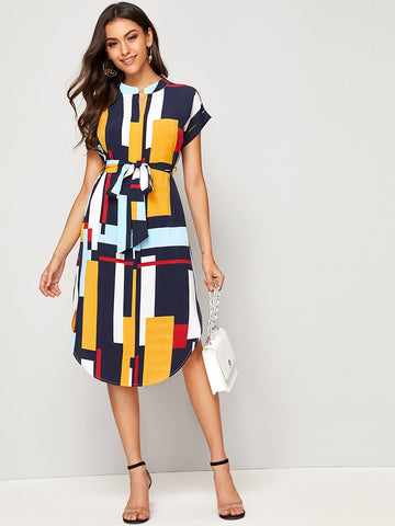 Colourful Geo Print Self Tie Curved Hem Dress