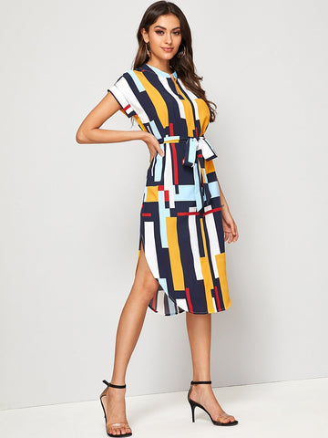 Colourful Geo Print Self Tie Curved Hem Dress