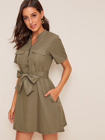 V-neck Button Front Belted Utility Dress