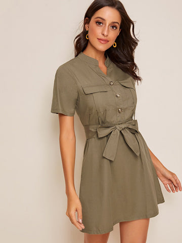 V-neck Button Front Belted Utility Dress