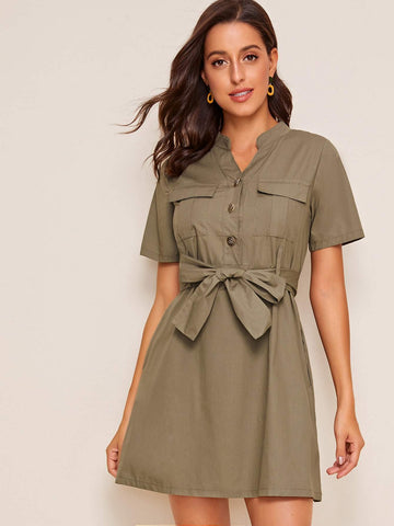 V-neck Button Front Belted Utility Dress