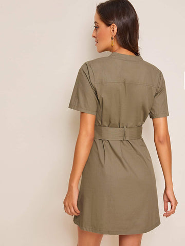 V-neck Button Front Belted Utility Dress