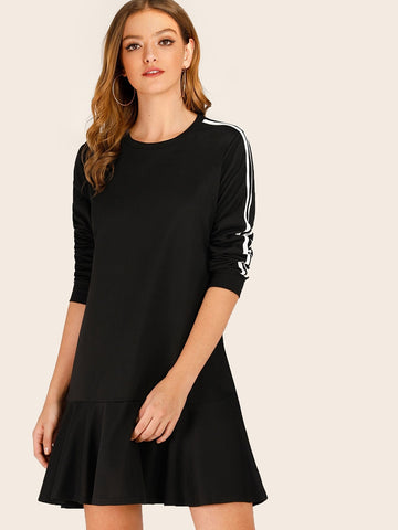 Side Stripe Ruffle Hem Sweatshirt Dress