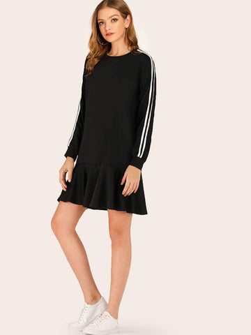 Side Stripe Ruffle Hem Sweatshirt Dress