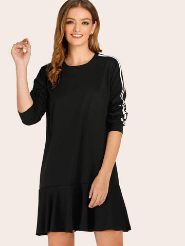 Side Stripe Ruffle Hem Sweatshirt Dress