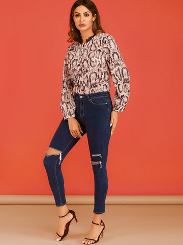 Lace Panel Snakeskin Print Blouse