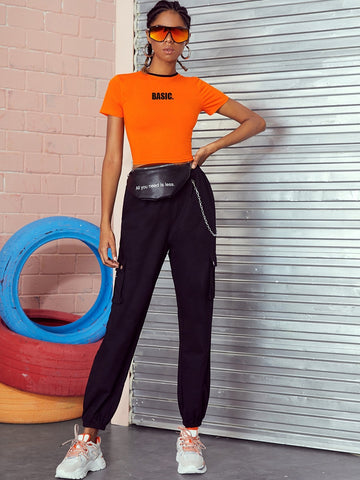 Letter Graphic Twin Buckle Back Top