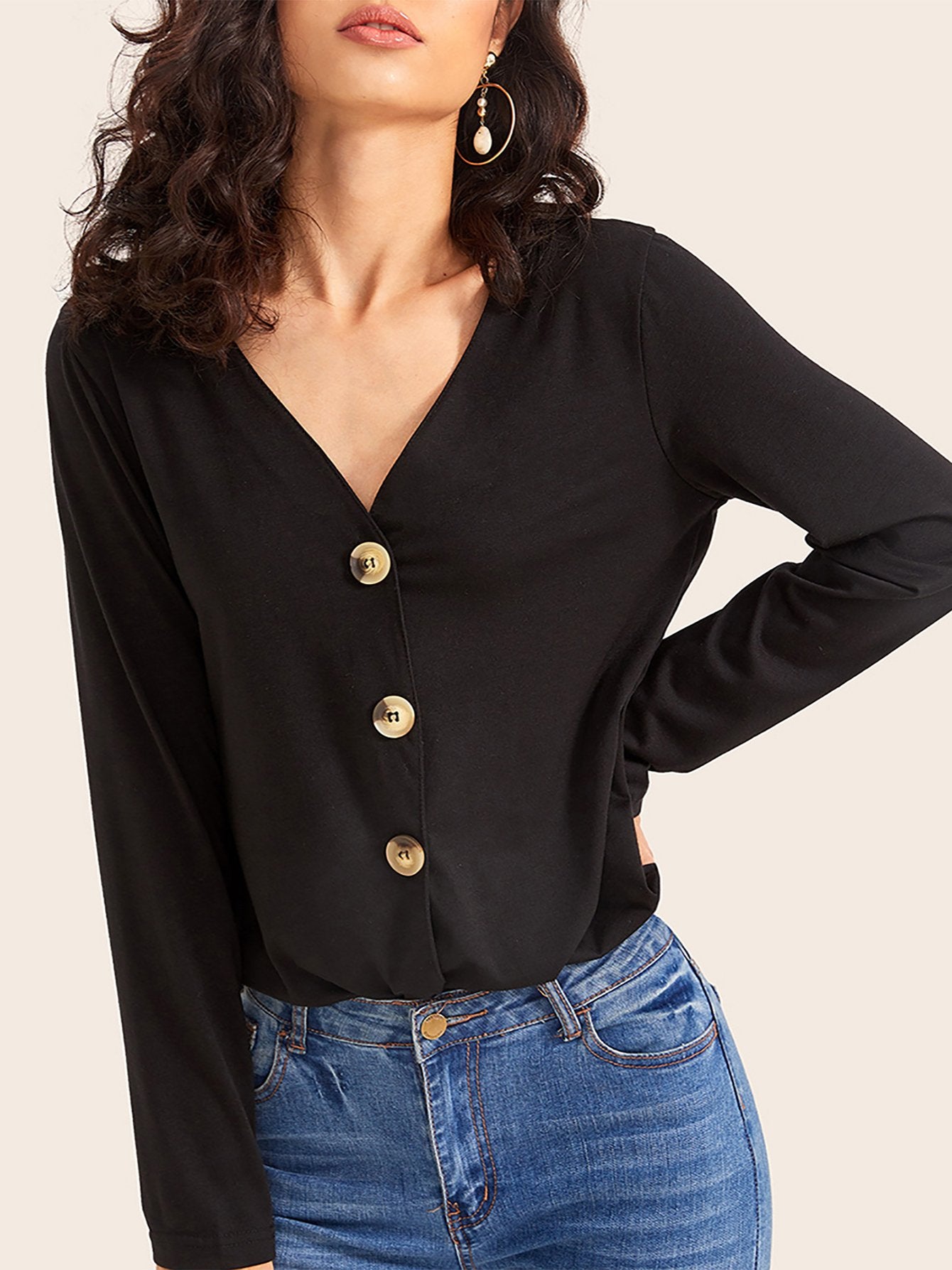 V-Neck Button Front Solid Tee