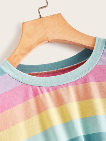 Rainbow Stripe Twist Hem Tee