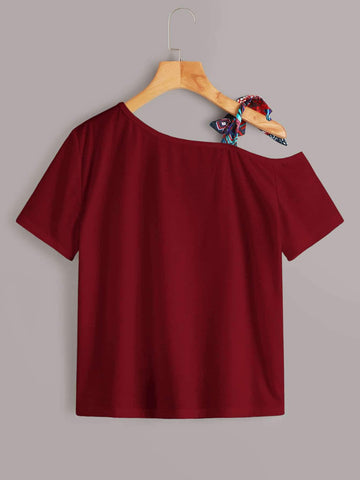 Figure & Floral Graphic Asymmetrical Neck Knot Tee