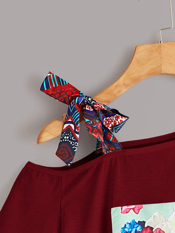 Figure & Floral Graphic Asymmetrical Neck Knot Tee