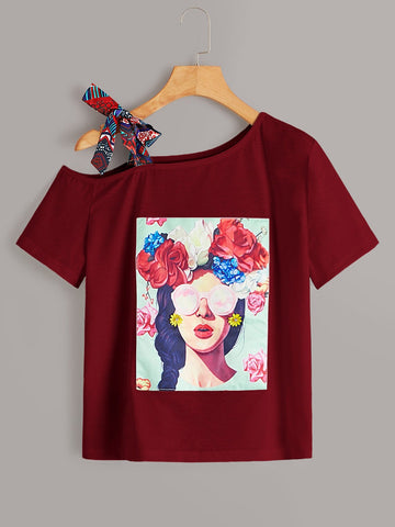 Figure & Floral Graphic Asymmetrical Neck Knot Tee