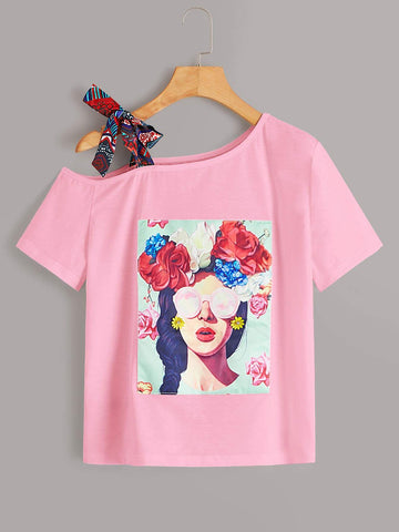 Figure & Floral Graphic Asymmetrical Neck Knot Tee