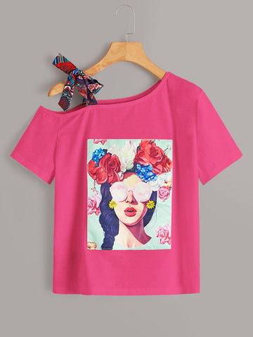 Figure & Floral Graphic Asymmetrical Neck Knot Tee