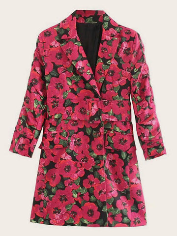 Floral Notched Neck Belted Blazer Dress