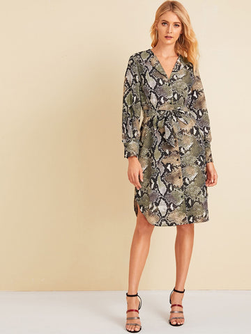 Snakeskin Print Button Through Belted Dress