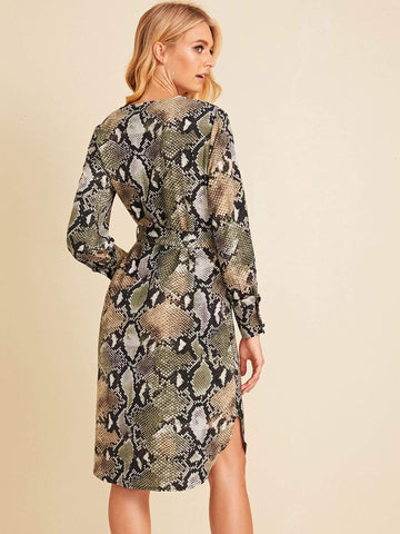 Snakeskin Print Button Through Belted Dress