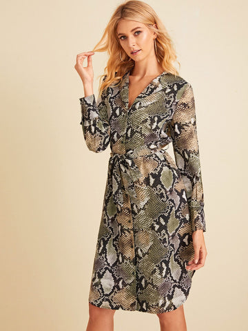 Snakeskin Print Button Through Belted Dress