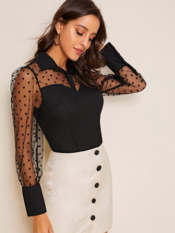 Dobby Mesh Sheer Fitted Blouse