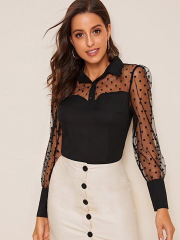 Dobby Mesh Sheer Fitted Blouse