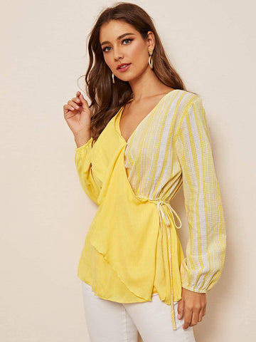 Two Tone Knot Side Wrap Blouse
