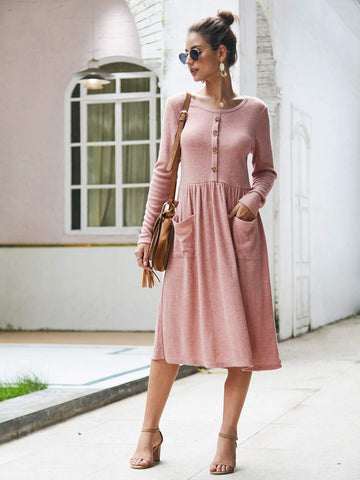 Dual Pockets Button Front Midi Jumper Dress