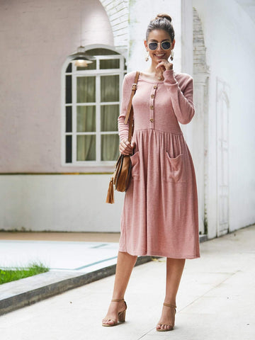 Dual Pockets Button Front Midi Jumper Dress