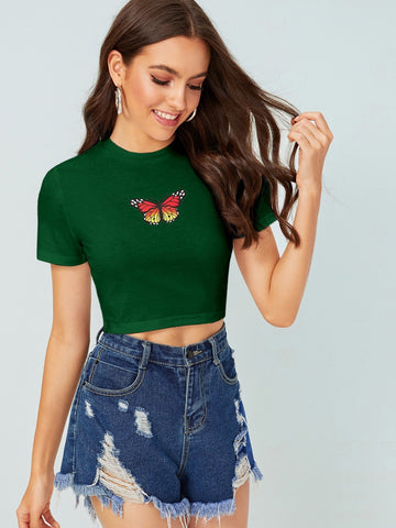 Butterfly Print Fitted Crop Top