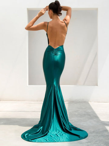 LOVE&LEMONADE Backless Plunge Neck Satin Floor Length Cami Dress
