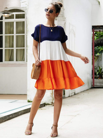 Colour Block Frill Ruffle Hem Dress