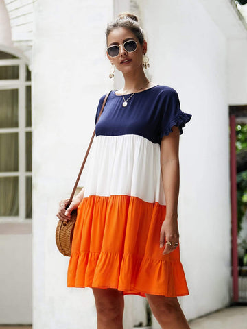 Colour Block Frill Ruffle Hem Dress