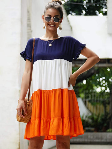 Colour Block Frill Ruffle Hem Dress