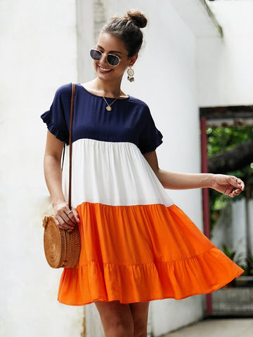 Colour Block Frill Ruffle Hem Dress