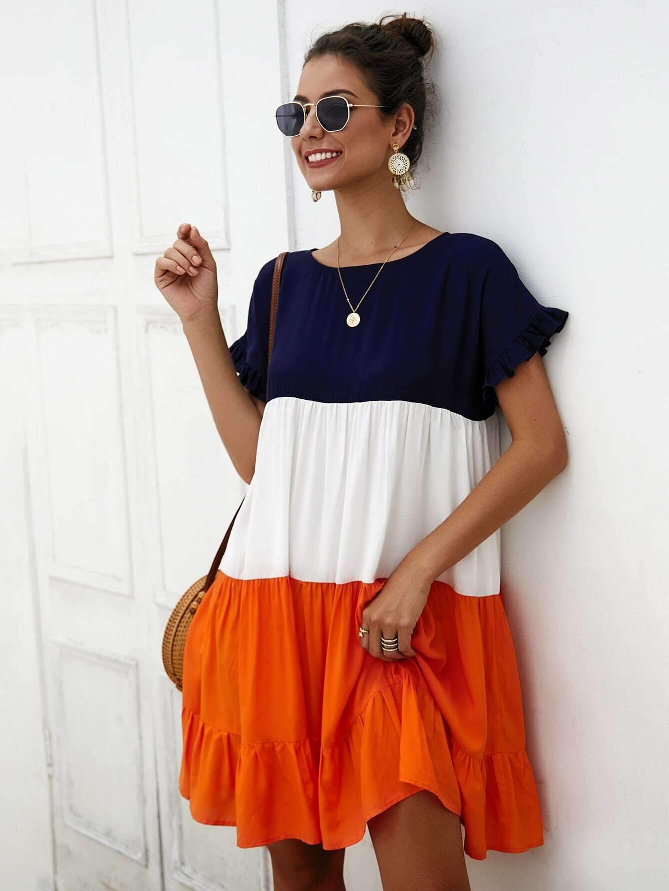 Colour Block Frill Ruffle Hem Dress