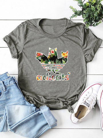 Tropical Letter And Cat Print Tee
