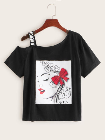 Figure Print Asymmetrical Shoulder Letter Taped Tee