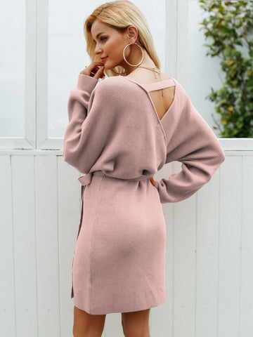 Simplee Solid Cut-out Back Wrap Belted Jumper Dress