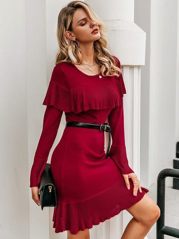 Simplee Solid Ruffle Trim Jumper Dress Without Belted