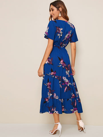 Floral Print Wrap Ruffle Hem Dress