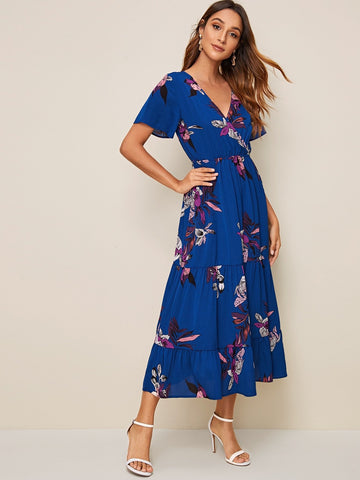 Floral Print Wrap Ruffle Hem Dress