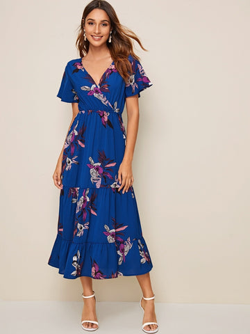 Floral Print Wrap Ruffle Hem Dress