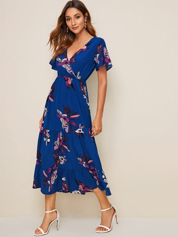 Floral Print Wrap Ruffle Hem Dress