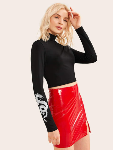 Dragon Print Stand Neck Crop Tee