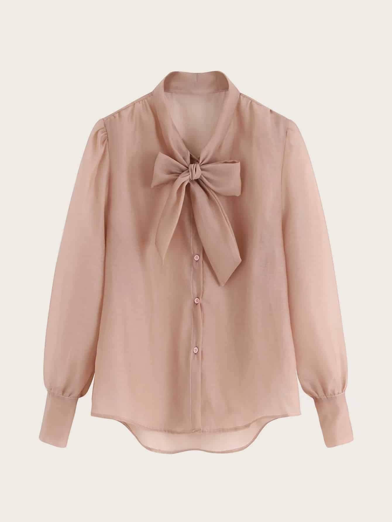 Tie Neck Dip Hem Organza Blouse