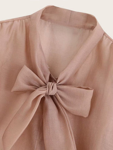 Tie Neck Dip Hem Organza Blouse