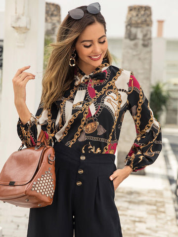 Chain Print Tie Neck Blouse